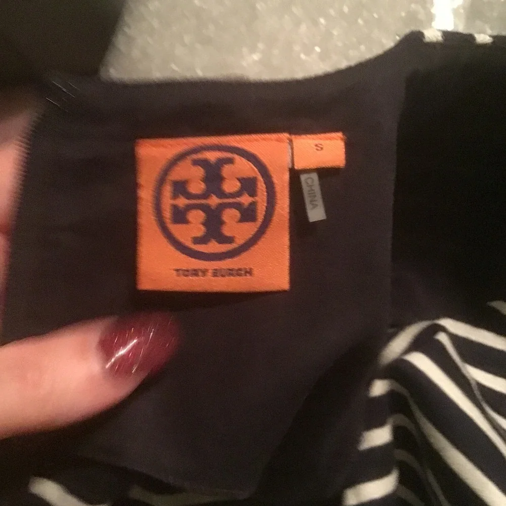 Tory‎ Burch Kamilla Navy White Striped Short Sleeve A-Line Dress Button Detail S